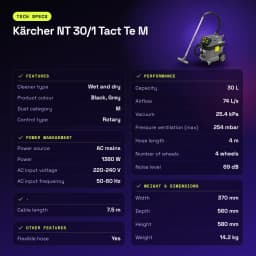 Aspirador Kärcher NT 30/1 Tact Te M Preto/Cinzento 25,4 kPa 1380W - características