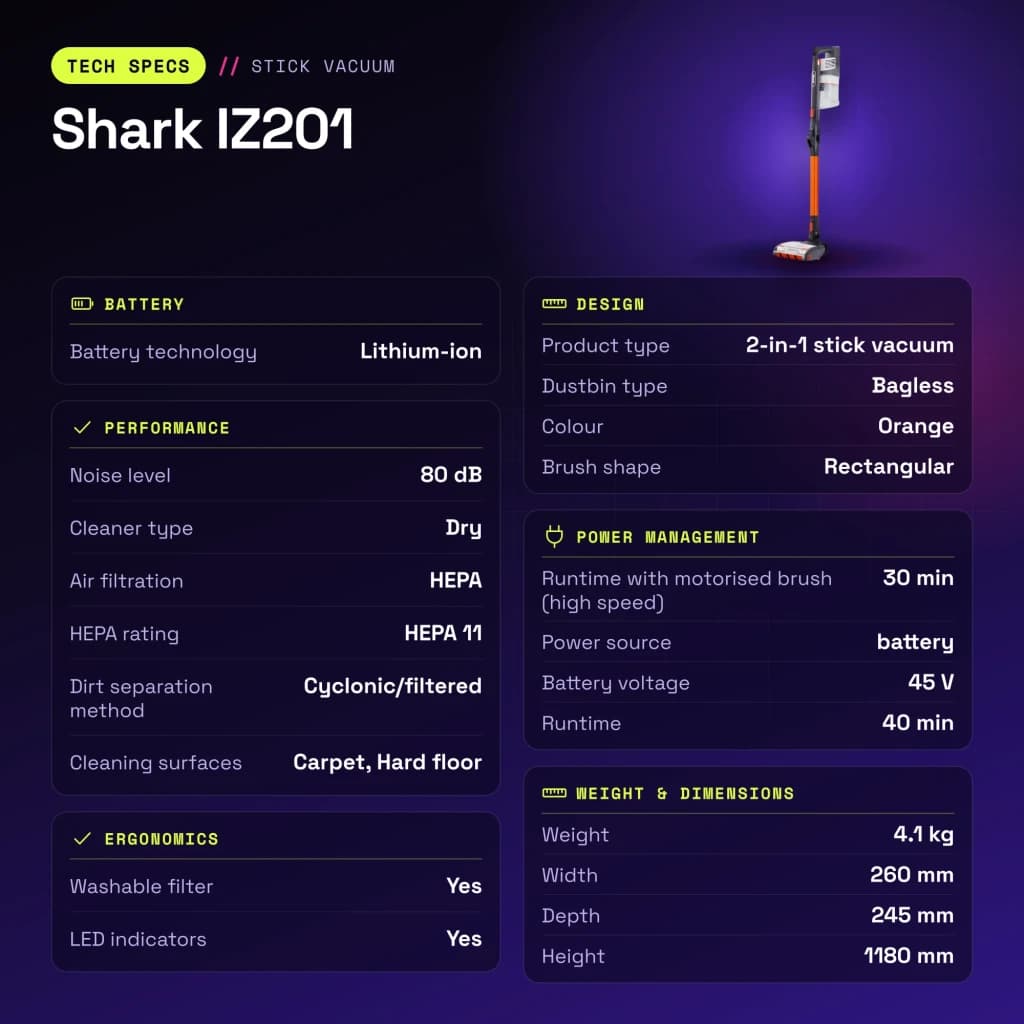 Aspiradora Escoba Shark IZ201 Naranja Sin Cable 45V Ión de litio 40min - características