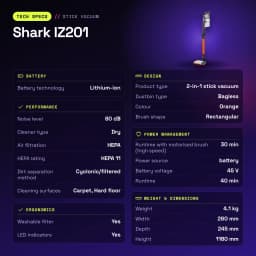 Aspiradora Escoba Shark IZ201 Naranja Sin Cable 45V Ión de litio 40min - características