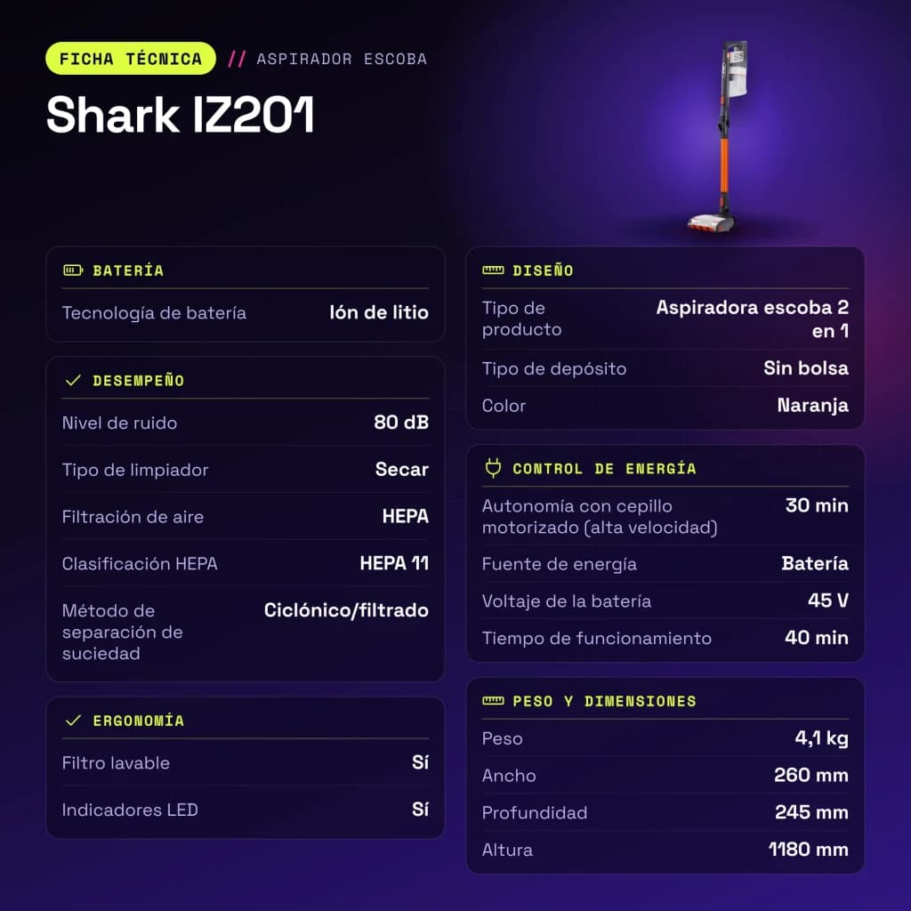 Aspiradora Escoba Shark IZ201 Naranja Sin Cable 45V Ión de litio 40min - características