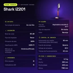 Aspiradora Escoba Shark IZ201 Naranja Sin Cable 45V Ión de litio 40min - características