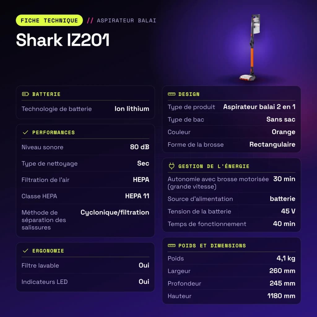 Aspiradora Escoba Shark IZ201 Naranja Sin Cable 45V Ión de litio 40min - características