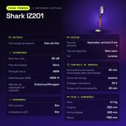 Aspiradora Escoba Shark IZ201 Naranja Sin Cable 45V Ión de litio 40min - características