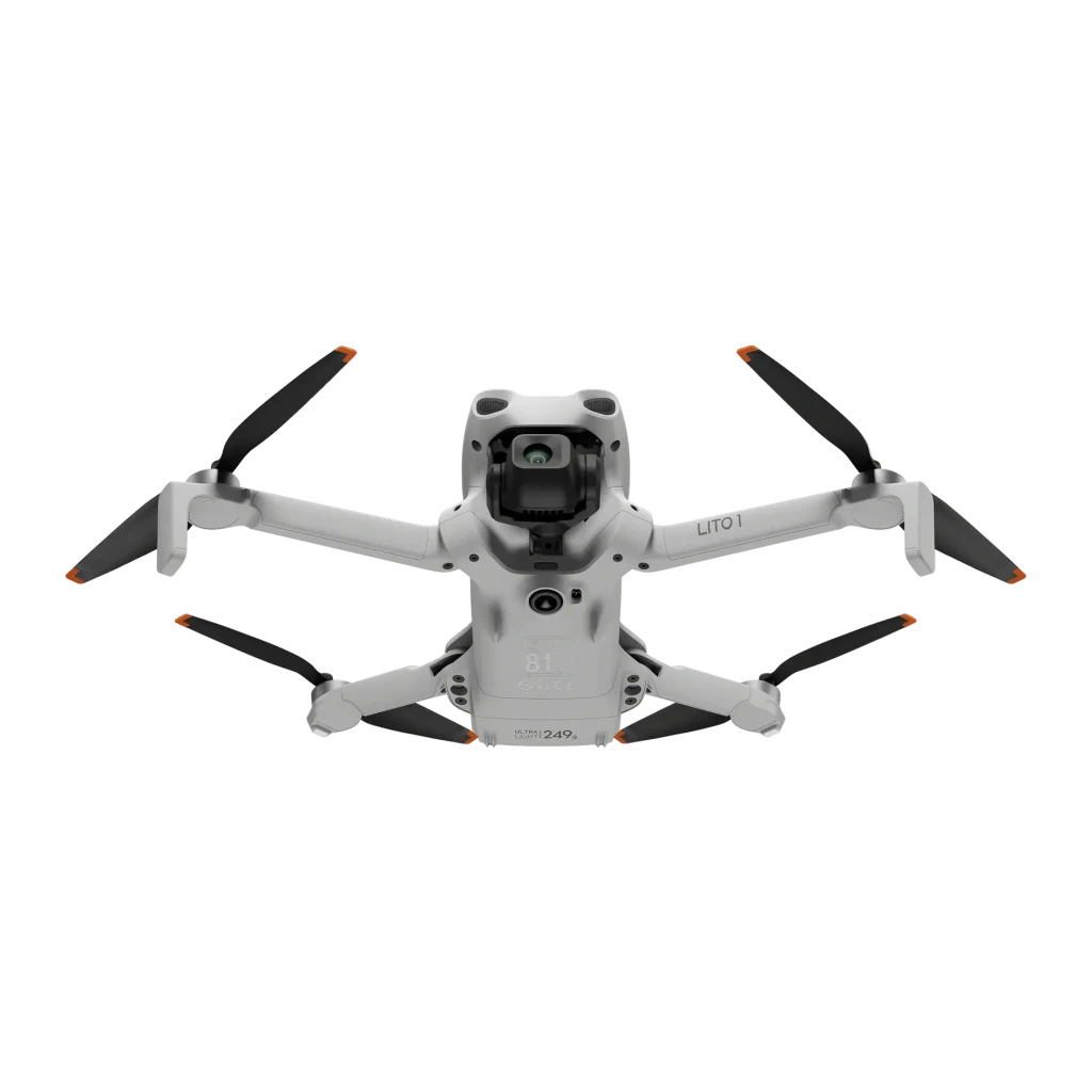 Dron DJI Lito 1 Gris 4K 60fps Gimbal 3 ejes 48MP, vista superior: cuatro hélices desplegadas con puntas naranjas y módulo