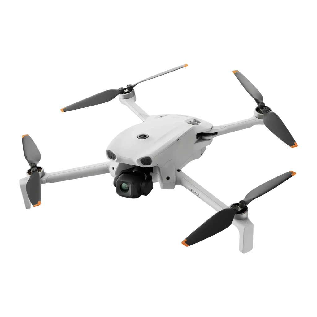 Dron DJI Lito 1 Gris 4K 60fps Gimbal 3 ejes 48MP, vista diagonal: 4 hélices desplegadas y gimbal con lente verde visibles