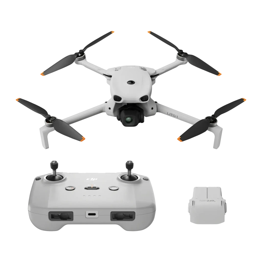 Dron DJI Lito 1 Gris 4K 60fps Gimbal 3 ejes 48MP, vista superior: dron desplegado, mando y batería