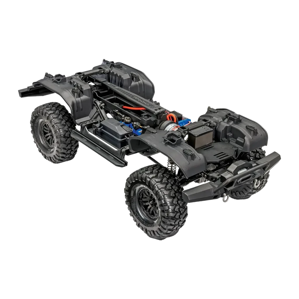 Voiture RC Traxxas TRX-4 Crawler Kit Brushed 1:10 Noir, vue dessus en angle: châssis nu sans carrosserie, électronique