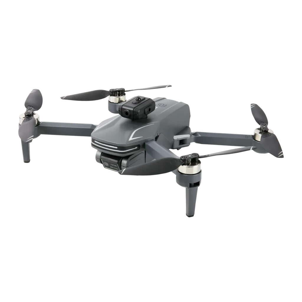 Drone Amewi AMXFlight X4KPro Brushless Gris 4K, vue en perspective: 4 hélices, module caméra frontal et moteurs brushless