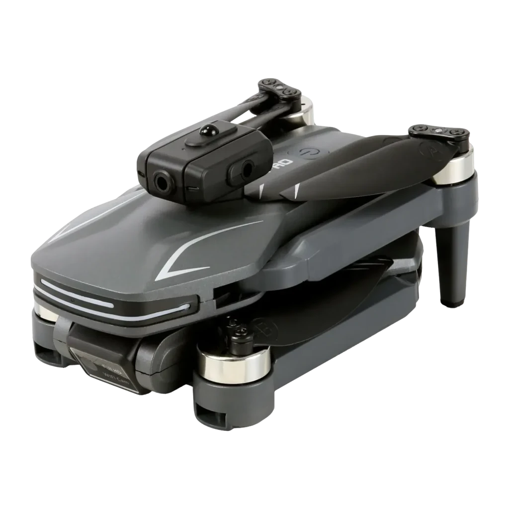Drone Amewi AMXFlight X4KPro Brushless Gris 4K, vue avant replié: module caméra, train d'atterrissage et LEDs latérales