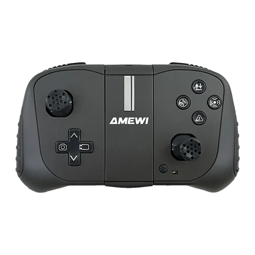 Drone Amewi AMXFlight X4KPro Brushless Gris 4K, télécommande face avant: manette noire avec deux joysticks et logo Amewi
