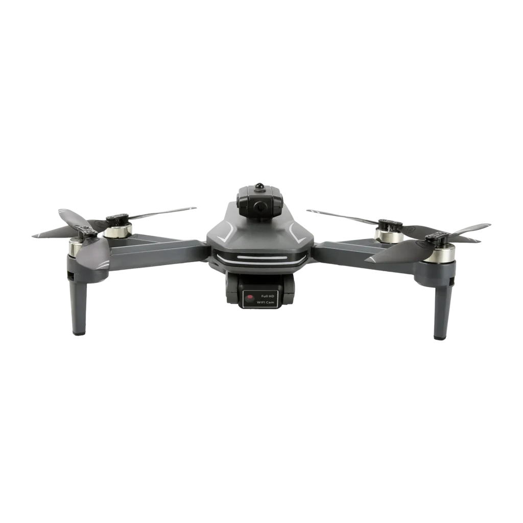 Drone Amewi AMXFlight X4KPro Brushless Gris 4K, vue de face: modules caméra haut et bas, hélices et pieds déployés visibles