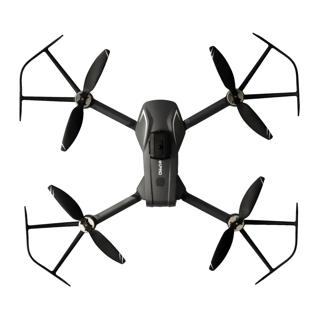 Drone Amewi AMXFlight X4KPro Brushless Gris 4K, vue zénithale: quatre hélices, protège-pales et module caméra frontal
