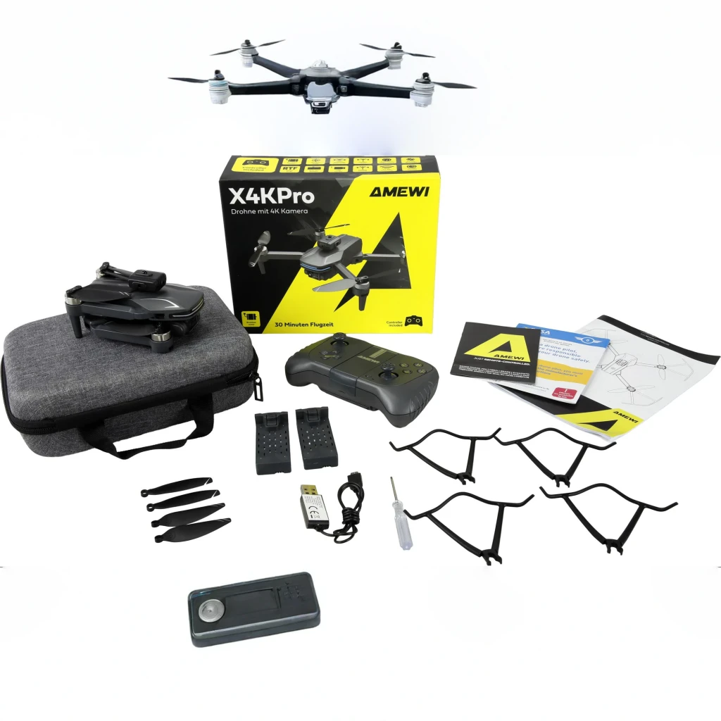 Drone Amewi AMXFlight X4KPro Brushless Gris 4K, en utilisation: contenu boîte avec télécommande, mallette, batteries