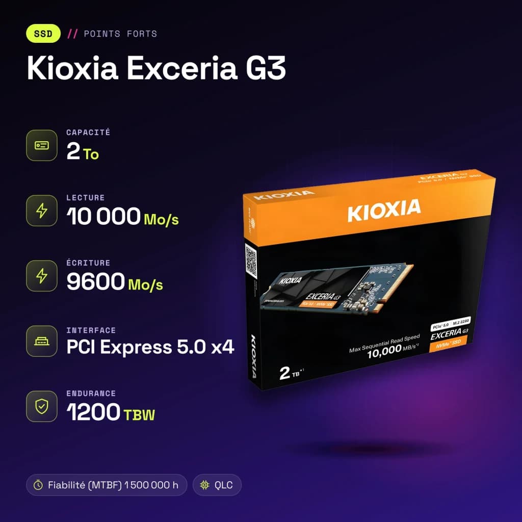 SSD Kioxia Exceria G3 2To NVMe PCIe Gen5 x4 M.2 2280 - caractéristiques