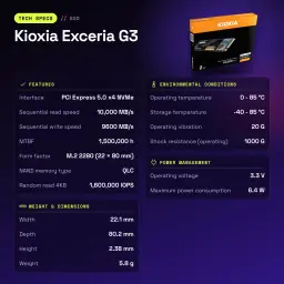 SSD Kioxia Exceria G3 2To NVMe PCIe Gen5 x4 M.2 2280 - caractéristiques