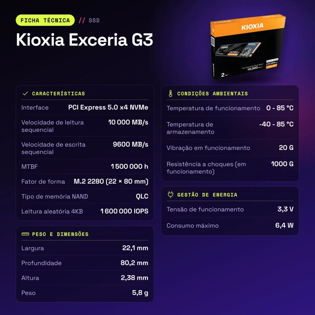 SSD Kioxia Exceria G3 2To NVMe PCIe Gen5 x4 M.2 2280 - caractéristiques