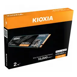 SSD Kioxia Exceria G3 2To NVMe PCIe Gen5 x4 M.2 2280, contenu de la boîte: emballage orange et noir avec SSD M.2 et vitesse