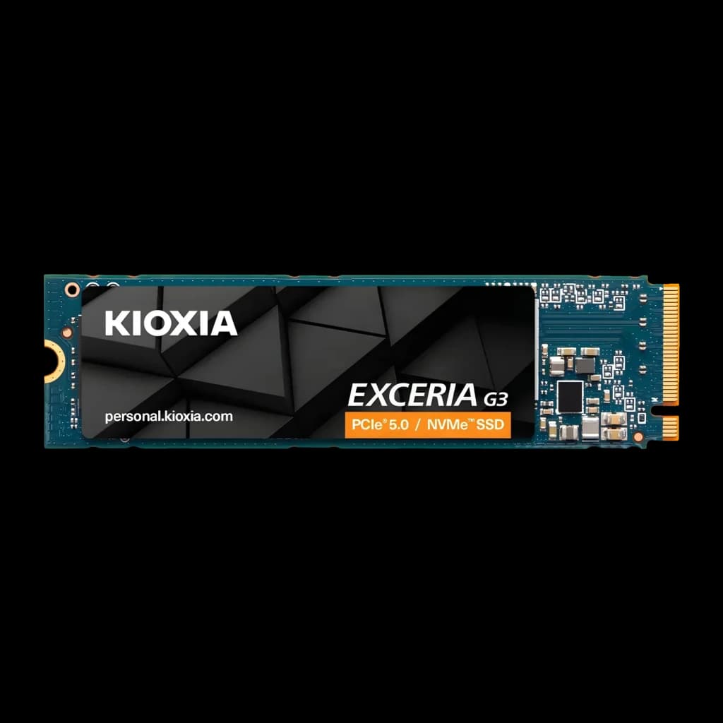 SSD Kioxia Exceria G3 2To NVMe PCIe Gen5 x4 M.2 2280, vue de face: étiquette noire avec logo, connecteur doré et puces