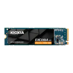SSD Kioxia Exceria G3 2To NVMe PCIe Gen5 x4 M.2 2280, vue de face: étiquette noire avec logo, connecteur doré et puces