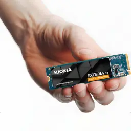 SSD Kioxia Exceria G3 2To NVMe PCIe Gen5 x4 M.2 2280, en utilisation: main tenant le SSD avec étiquette et connecteur doré
