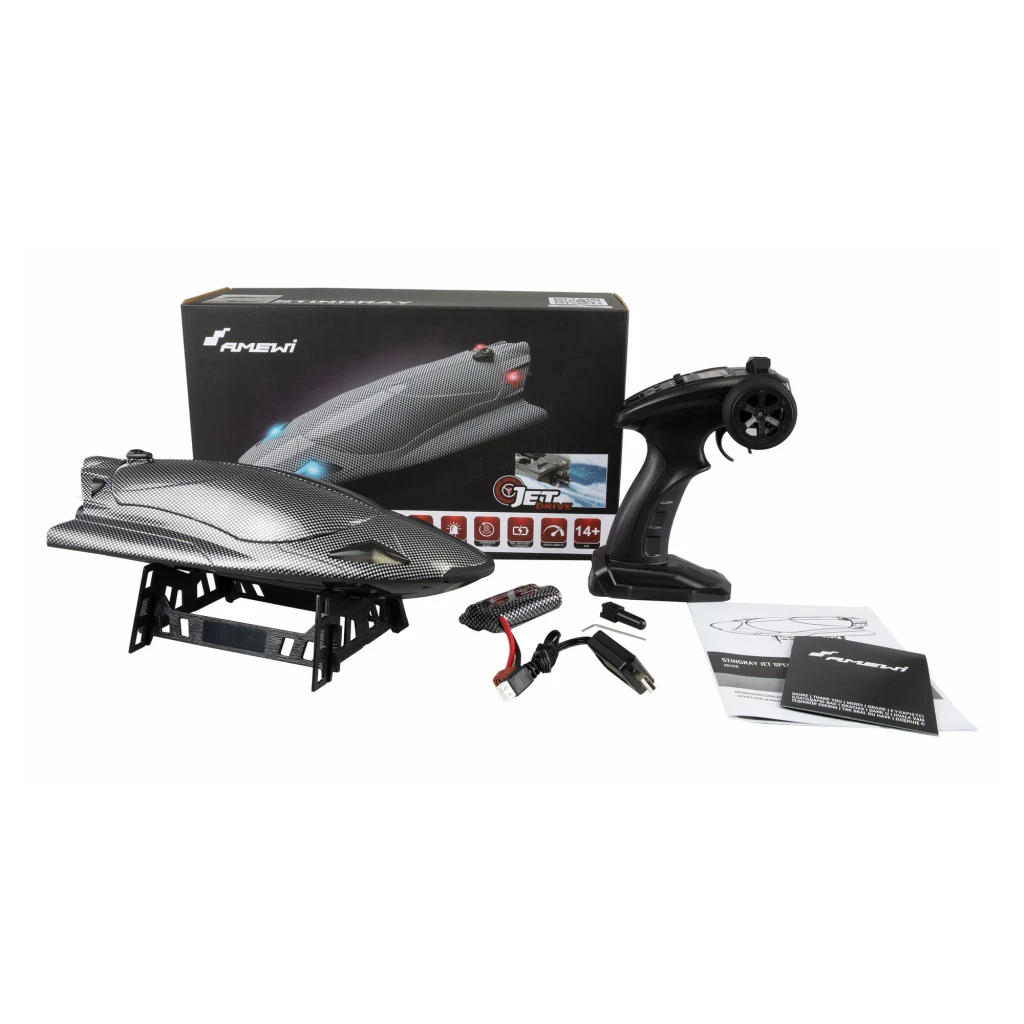 Bateau RC Amewi Stingray 335mm RTR Noir 40km/h 2000mAh Li-Ion 80m 26108, contenu boîte: bateau sur support, télécommande