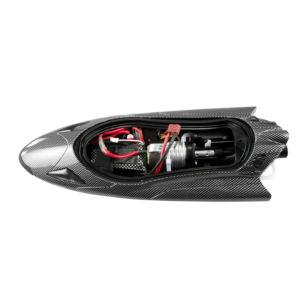 Bateau RC Amewi Stingray 335mm RTR Noir 40km/h 2000mAh Li-Ion 80m 26108, vue dessus: intérieur ouvert avec moteur, ESC