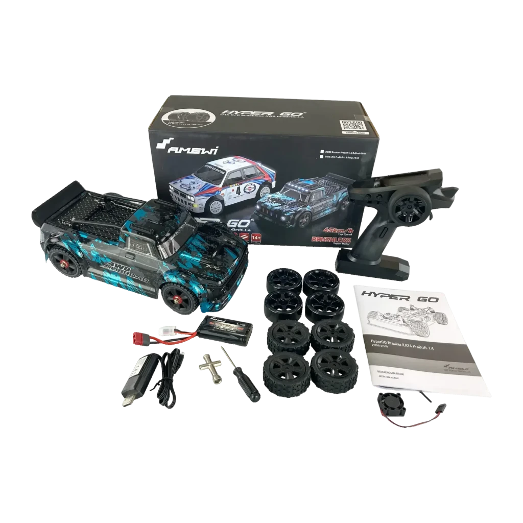 Voiture RC Amewi Hyper Go Breaker ProDrift 1:14 4WD Brushless 2000mAh Noir/Bleu, contenu boîte: voiture, télécommande