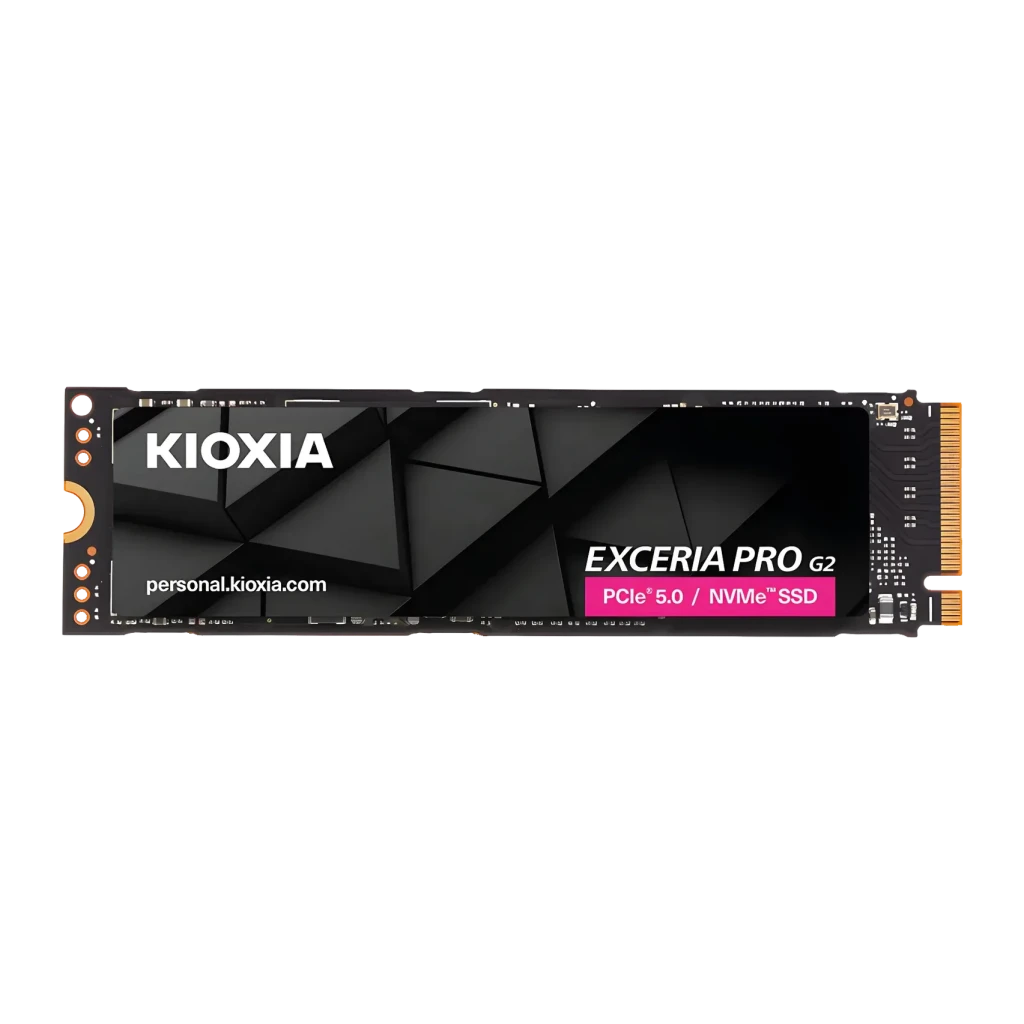 SSD Kioxia Exceria PRO G2 1To NVMe PCIe Gen5 M.2 2280 Noir, vue de face: dissipateur noir avec étiquette rose PCIe 5.0