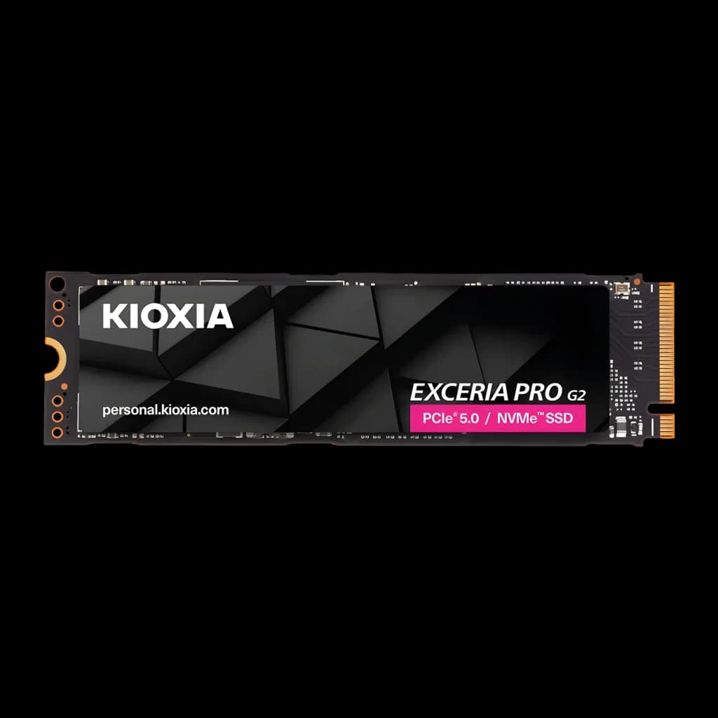 SSD Kioxia Exceria PRO G2 1TB NVMe PCIe Gen5 M.2 2280 Negro, vista frontal: disipador negro con etiqueta rosa PCIe 5.0