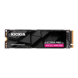 SSD Kioxia Exceria PRO G2 1TB NVMe PCIe Gen5 M.2 2280 Negro, vista frontal: disipador negro con etiqueta rosa PCIe 5.0
