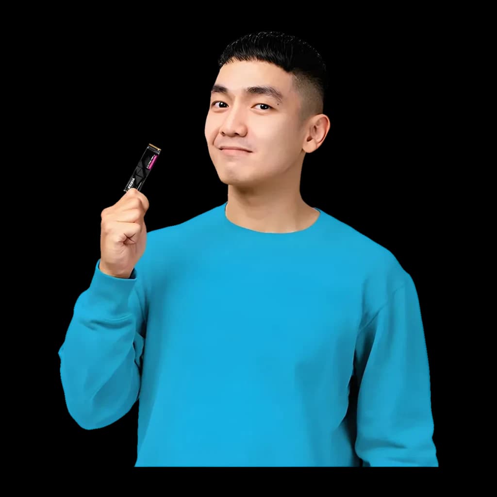 SSD Kioxia Exceria PRO G2 1TB NVMe PCIe Gen5 M.2 2280 Negro, lifestyle: persona sujetando la unidad M.2 con disipador negro