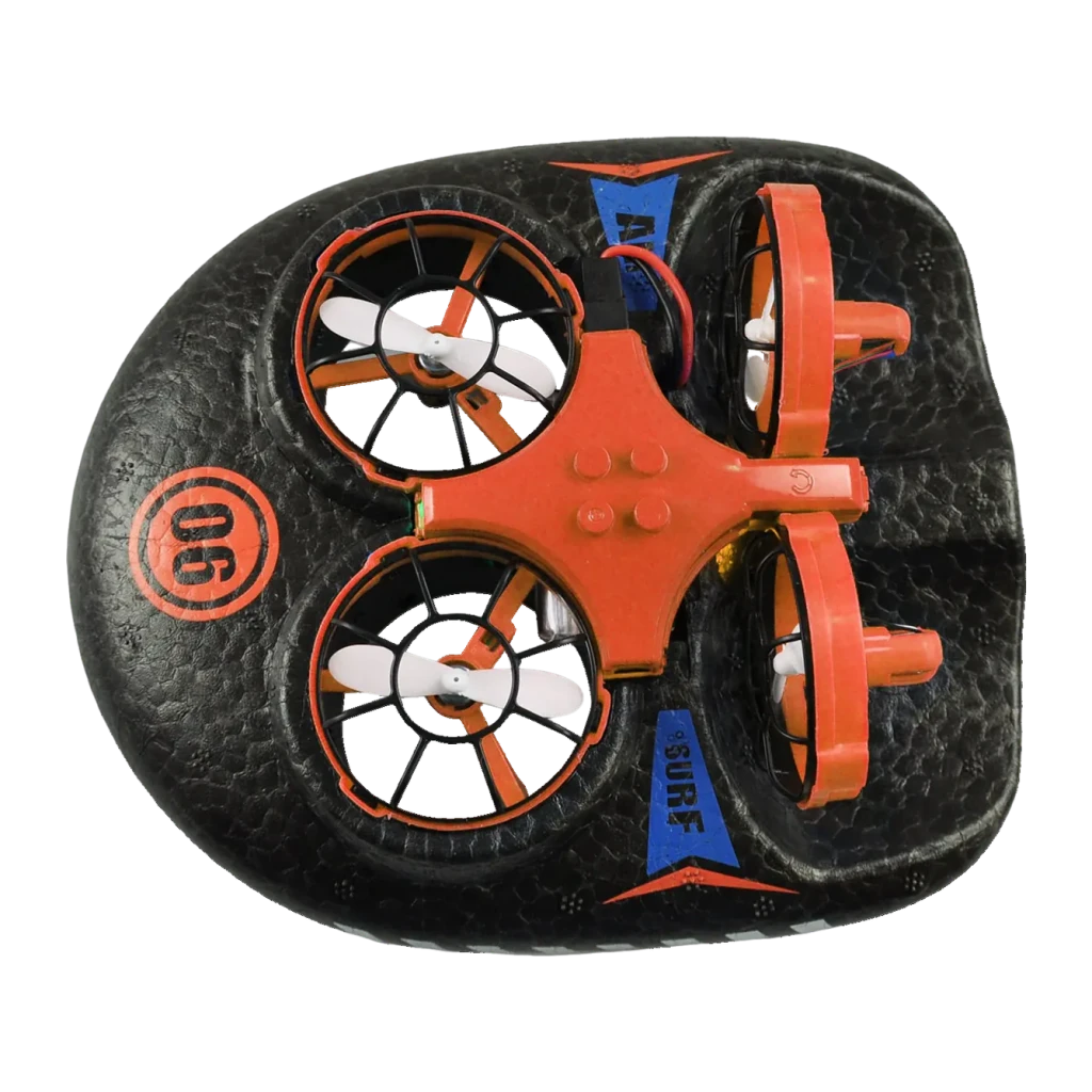 Dron Amewi Trix 3 en 1 Naranja en 1 (dron/aerodeslizador/terrestre), vista superior: chasis naranja sobre falda negra