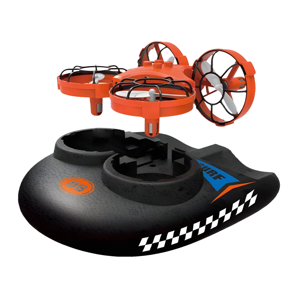 Dron Amewi Trix 3 en 1 Naranja en 1 (dron/aerodeslizador/terrestre), vista lateral: dron naranja acoplado sobre base