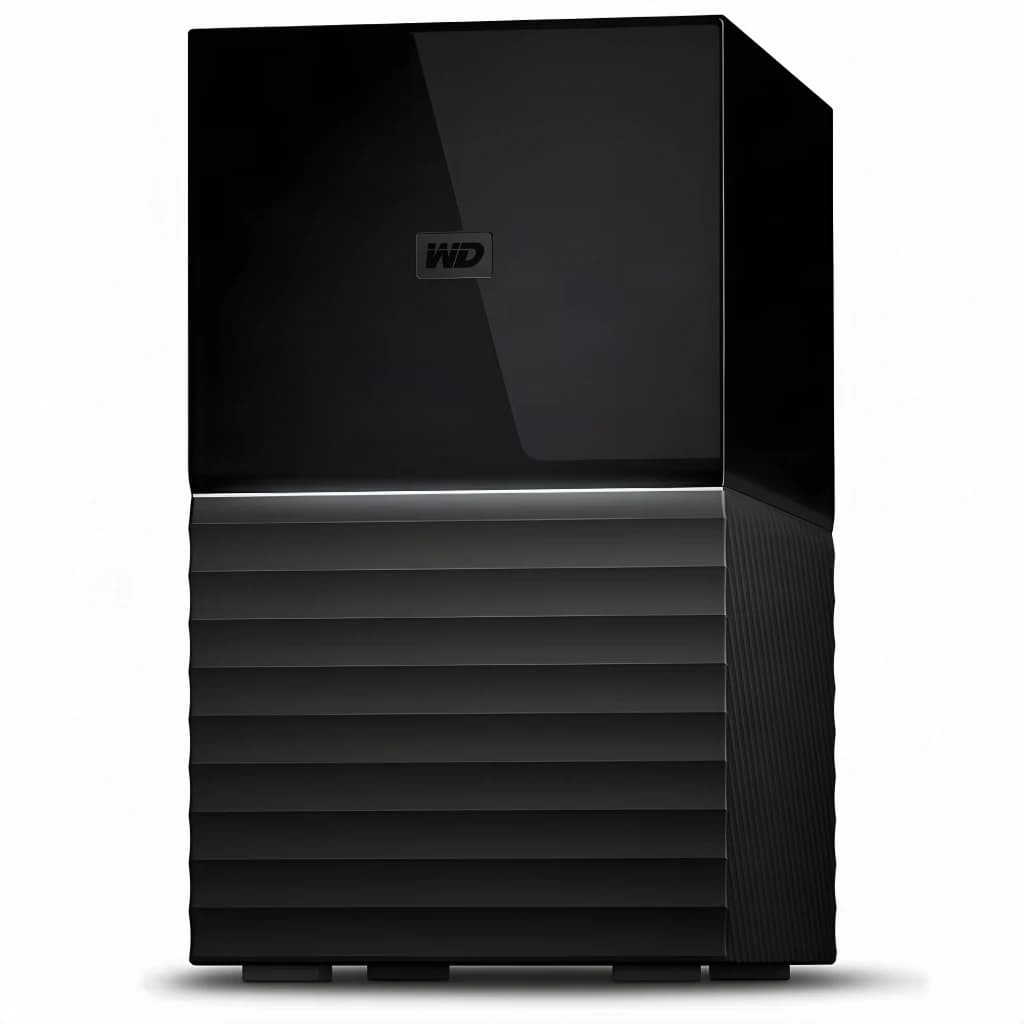 Disque Dur Externe WD My Book Duo 16To USB 3.1 Noir, vue avant en angle: corps nervuré noir mat, dessus brillant avec logo