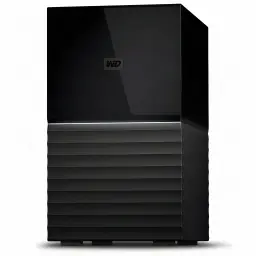 Disque Dur Externe WD My Book Duo 16To USB 3.1 Noir, vue avant en angle: corps nervuré noir mat, dessus brillant avec logo