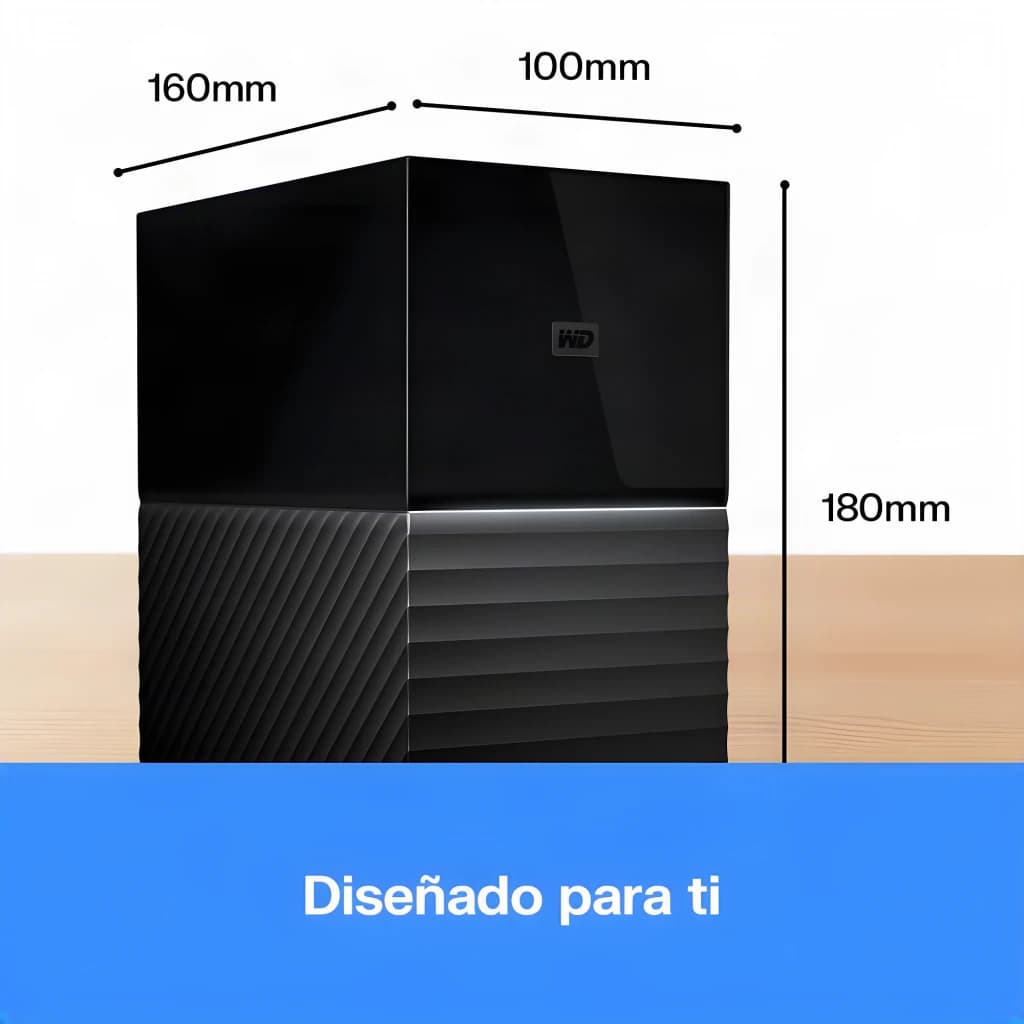 Disque Dur Externe WD My Book Duo 16To USB 3.1 Noir, vue latérale avec dimensions: 160x100x180mm sur surface en bois