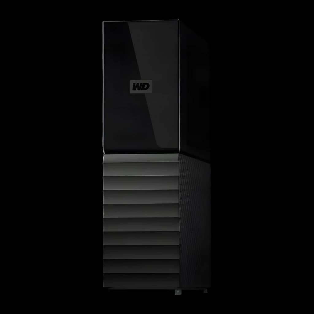 Disque Dur Externe WD My Book Duo 16To USB 3.1 Noir, vue de face: corps vertical avec logo WD et nervures latérales sur fond