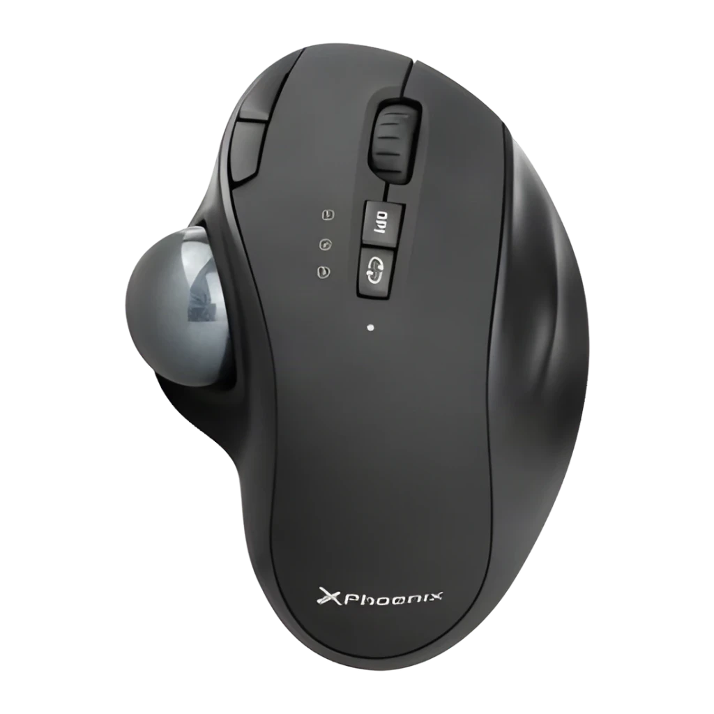 Souris Trackball Phoenix Ergo T1 Noir Sans Fil Bluetooth + USB 2.4GHz, vue dessus: boule trackball latérale grise, molette