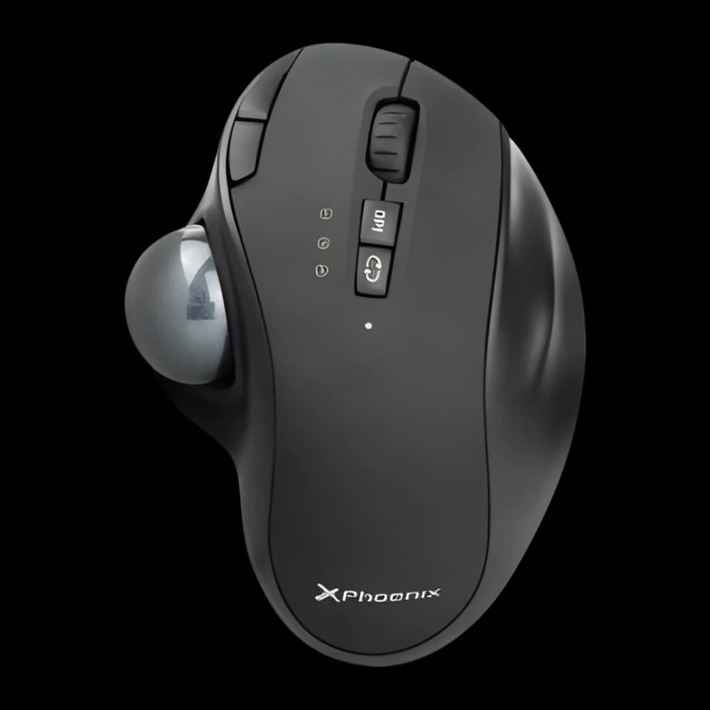 Souris Trackball Phoenix Ergo T1 Noir Sans Fil Bluetooth + USB 2.4GHz, vue dessus: boule trackball latérale grise, molette