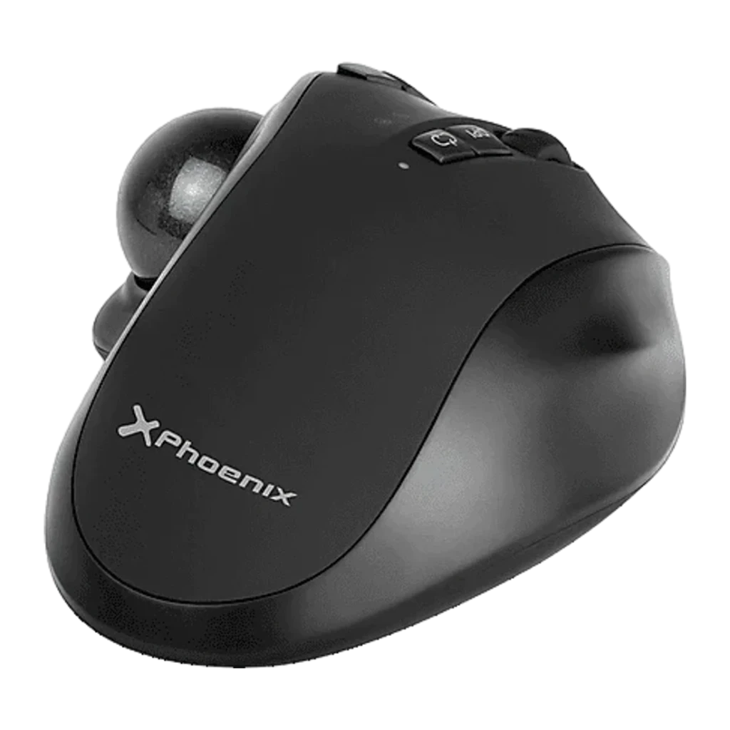 Souris Trackball Phoenix Ergo T1 Noir Sans Fil Bluetooth + USB 2.4GHz, vue latérale: boule trackball, logo Phoenix