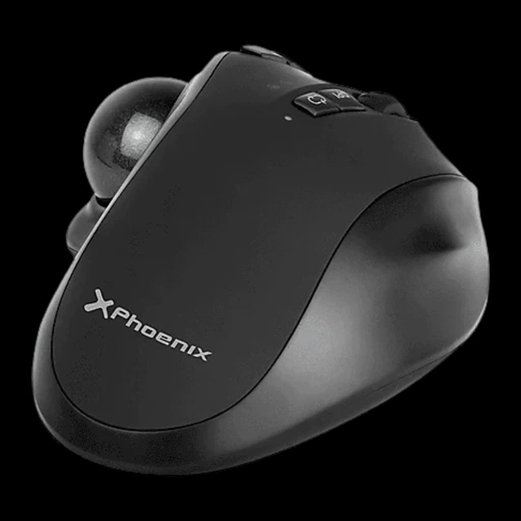Souris Trackball Phoenix Ergo T1 Noir Sans Fil Bluetooth + USB 2.4GHz, vue latérale: boule trackball, logo Phoenix