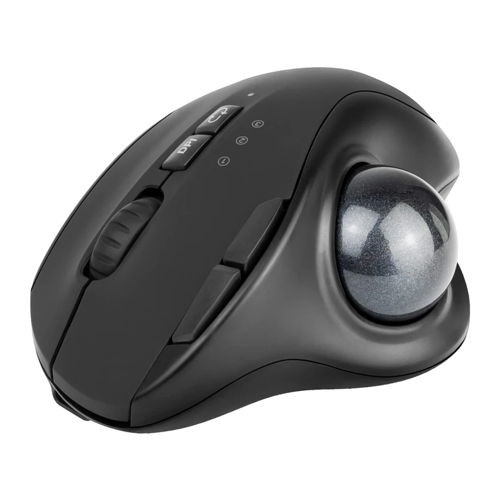 Souris Trackball Phoenix Ergo T1 Noir Sans Fil Bluetooth + USB 2.4GHz, vue latérale: boule trackball grise, boutons DPI