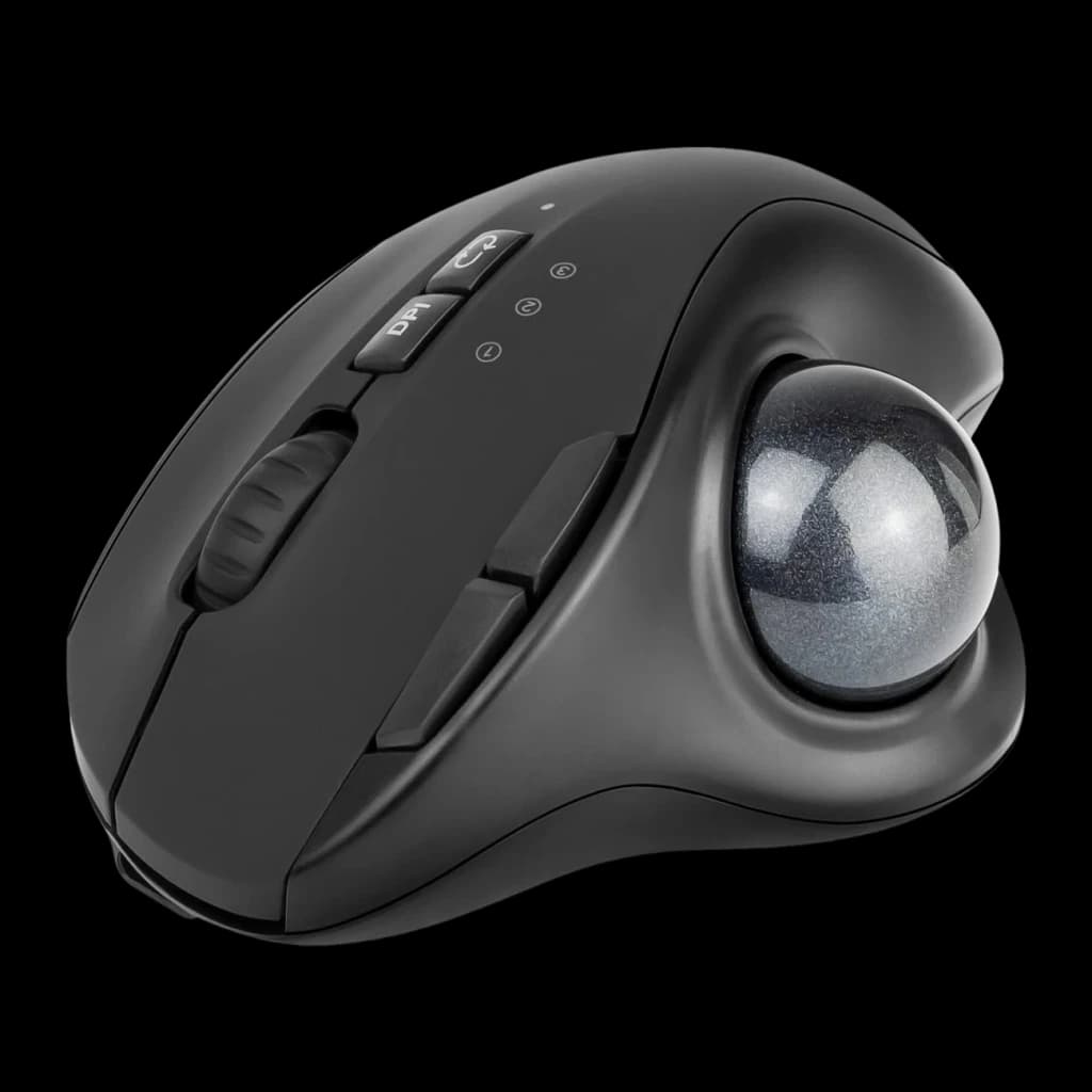 Souris Trackball Phoenix Ergo T1 Noir Sans Fil Bluetooth + USB 2.4GHz, vue latérale: boule trackball grise, boutons DPI