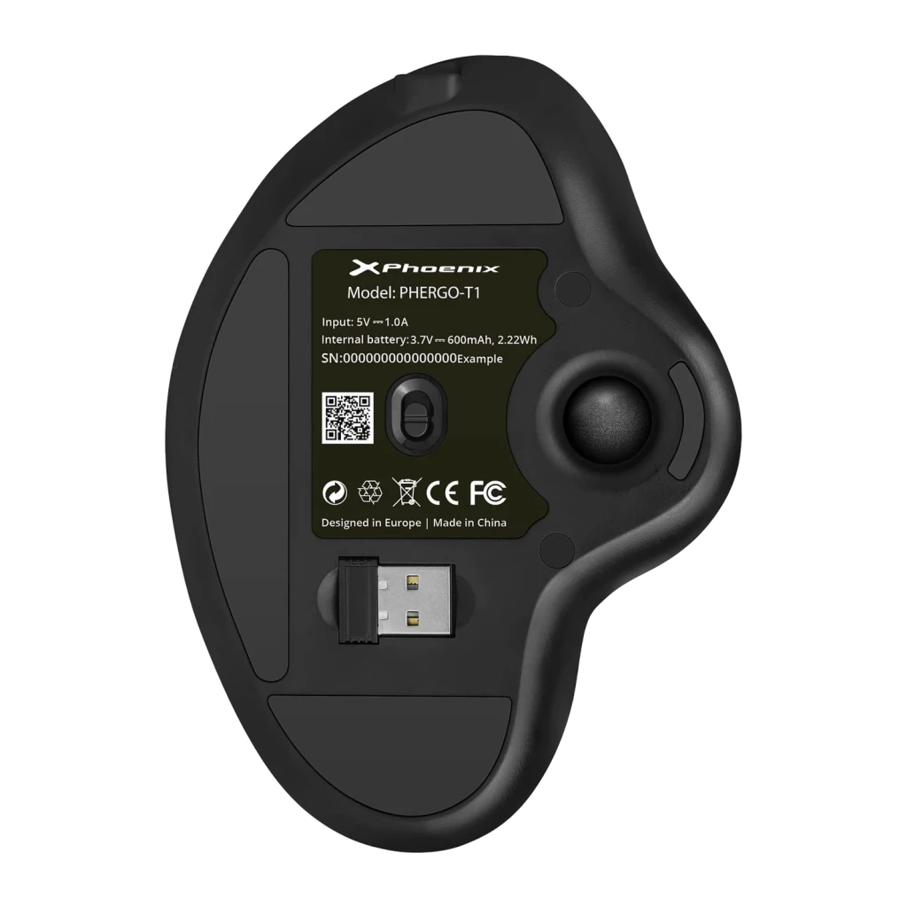 Souris Trackball Phoenix Ergo T1 Noir Sans Fil Bluetooth + USB 2.4GHz, vue dessous: étiquette modèle, récepteur USB nano