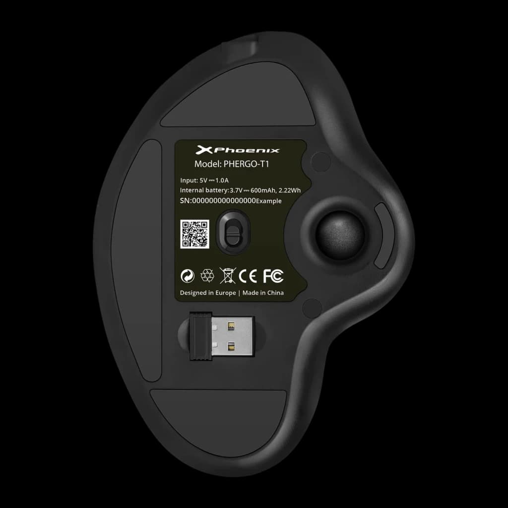 Souris Trackball Phoenix Ergo T1 Noir Sans Fil Bluetooth + USB 2.4GHz, vue dessous: étiquette modèle, récepteur USB nano