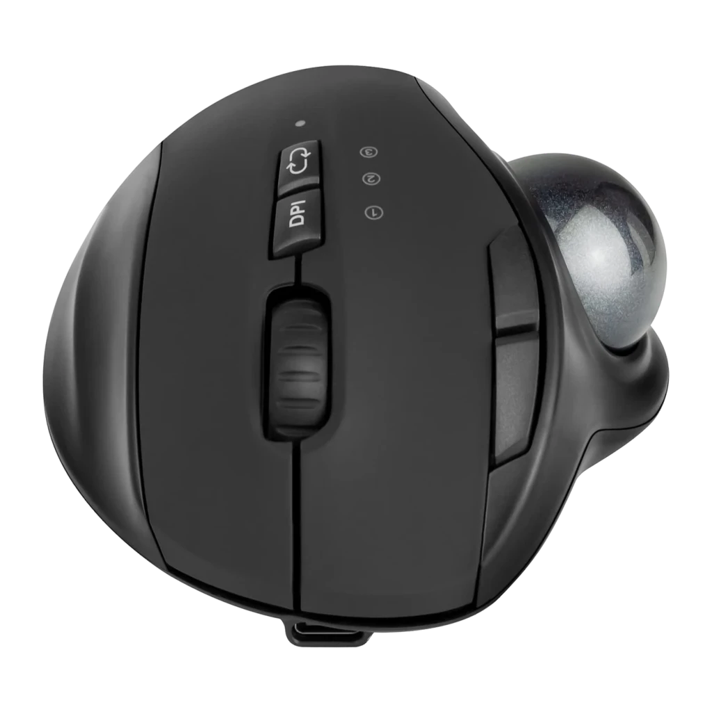 Souris Trackball Phoenix Ergo T1 Noir Sans Fil Bluetooth + USB 2.4GHz, vue du dessus: bouton DPI, molette centrale et boule