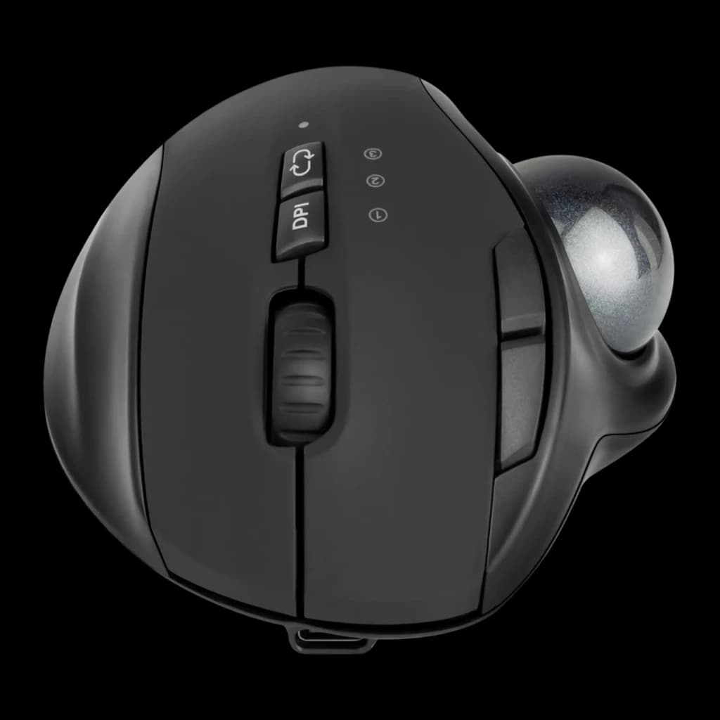 Souris Trackball Phoenix Ergo T1 Noir Sans Fil Bluetooth + USB 2.4GHz, vue du dessus: bouton DPI, molette centrale et boule
