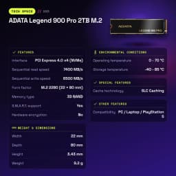 SSD ADATA Legend 900 Pro 2TB M.2 NVMe PCIe 4.0 Con Disipador Negro - características