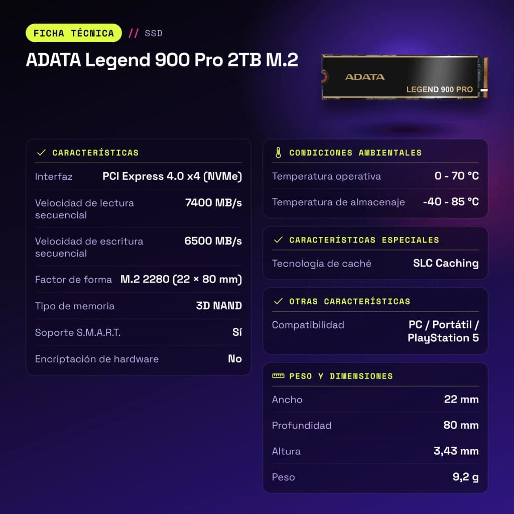 SSD ADATA Legend 900 Pro 2TB M.2 NVMe PCIe 4.0 Con Disipador Negro - características
