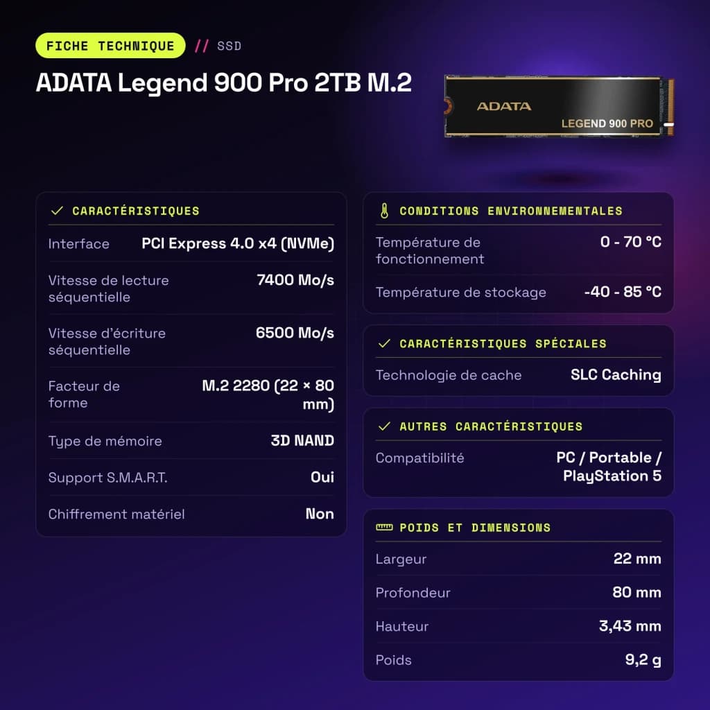 SSD ADATA Legend 900 Pro 2TB M.2 NVMe PCIe 4.0 Con Disipador Negro - características